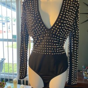 PRETTY ATTITUDE BREAKING THE LAW BLACK STUDDED BODYSUIT SIZE L